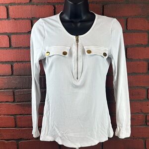 OUFEIYA Women's‎ Medium White Long Sleeve Henley Top – Button-Down Slim Fit